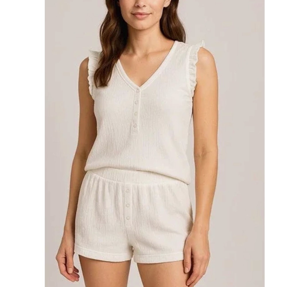 NWT YOU SAY Henley Ruffle Shortie Set PJ's in White‎ Ribbed XS-Angelcore Bridal
